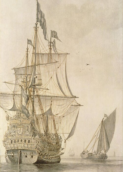 Carving Greeting Card featuring the painting A Man-o-war Under Sail Seen From The Stern With A Boeiler Nearby by Cornelius Bouwmeester