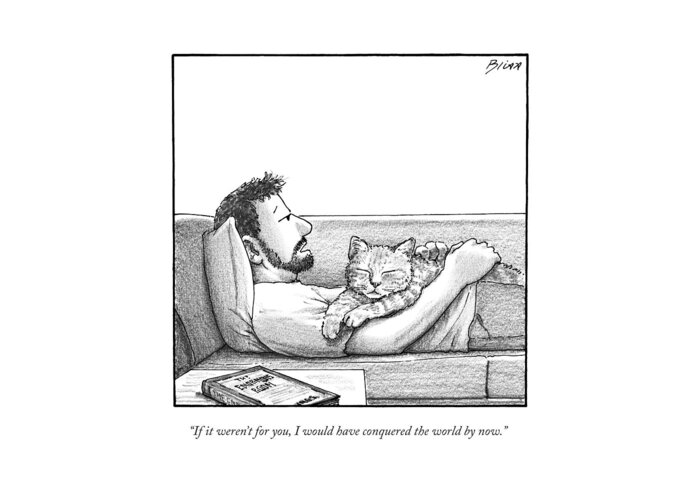 Cat Greeting Card featuring the drawing A Man Talking To The Cat Lying On His Stomach by Harry Bliss