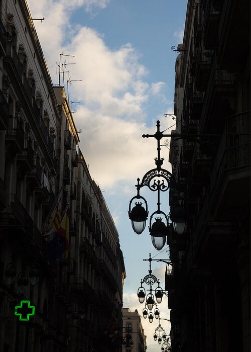Streetlamp Greeting Card featuring the photograph A Necklace of Barcelona Streetlamps by Georgia Mizuleva