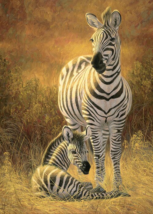 Burchell's Zebra Greeting Card featuring the painting A New Day by Lucie Bilodeau