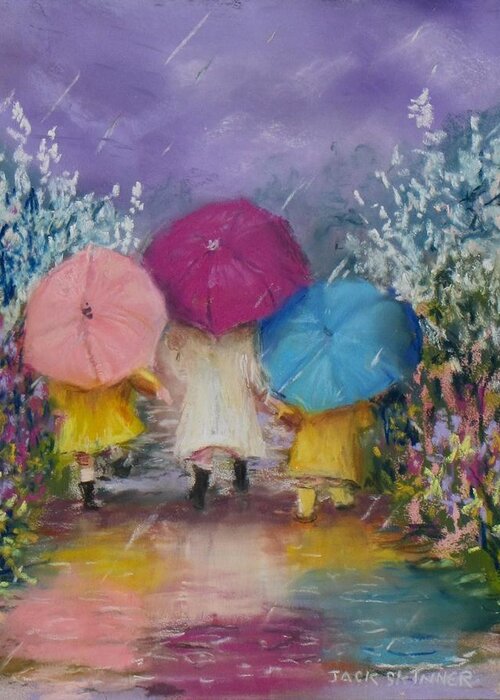 Rainy Greeting Card featuring the painting A Rainy Day Stroll with Mom by Jack Skinner