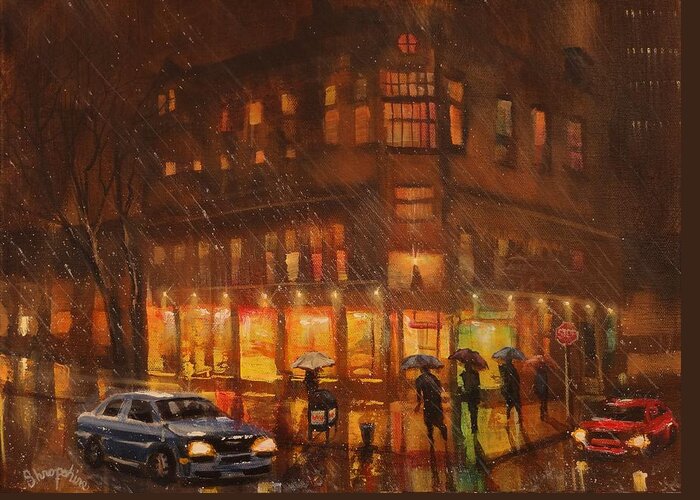 City Rain Greeting Card featuring the painting A Rainy Night in Milwaukee by Tom Shropshire