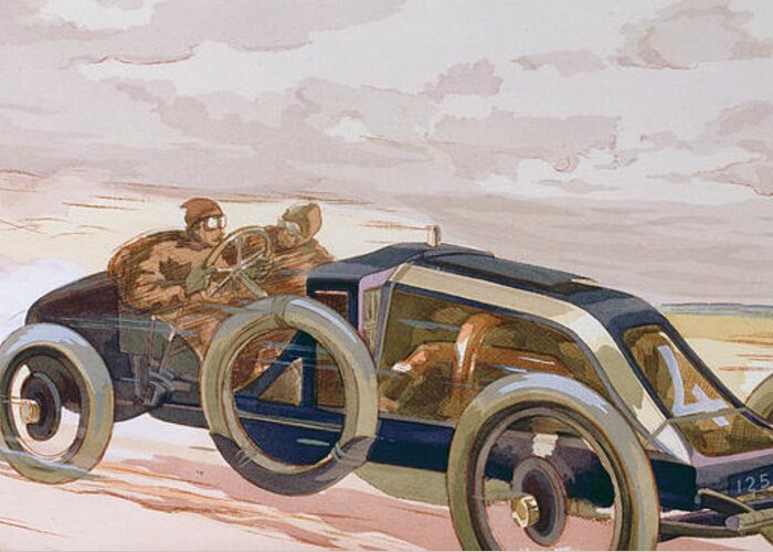 Une Voiture De Course Greeting Card featuring the painting A Renault Racing Car by Ernest Montaut