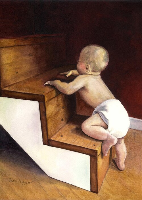 A Baby Climbing A Staircase Painting Greeting Card featuring the painting A Stairway of Miracles by Terri Meyer