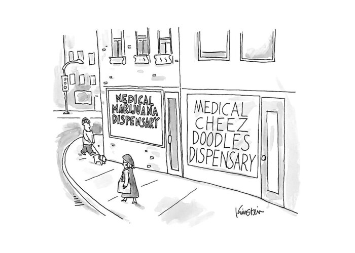 Medical Marijuana Dispensary Greeting Card featuring the drawing A Storefront Medical Marijuana Dispensary by Ken Krimstein