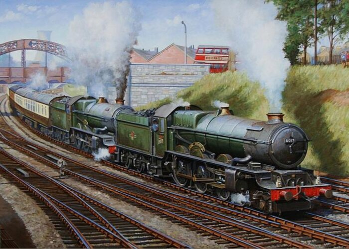 Train Greeting Card featuring the painting A summer Saturday in the West. by Mike Jeffries
