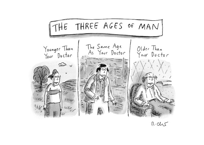 Age Greeting Card featuring the drawing A Three Panel Images That Have Three Men: by Roz Chast