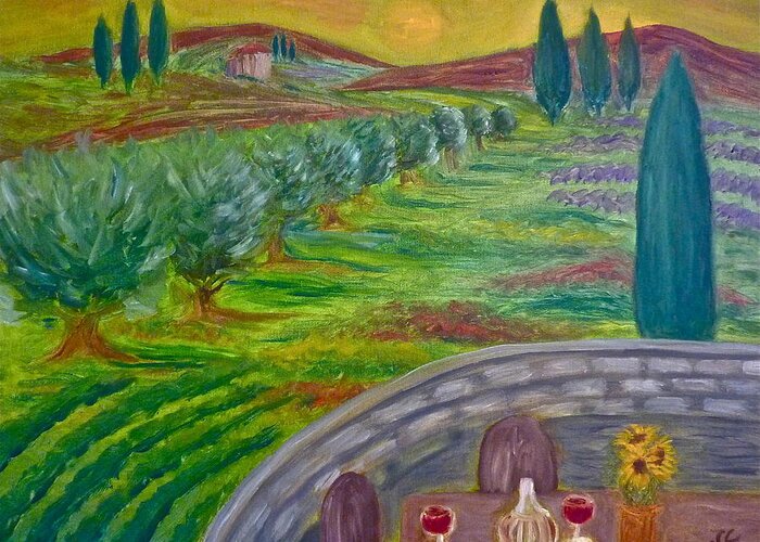 Tuscany Greeting Card featuring the painting A Tuscan Balcony by Victoria Lakes