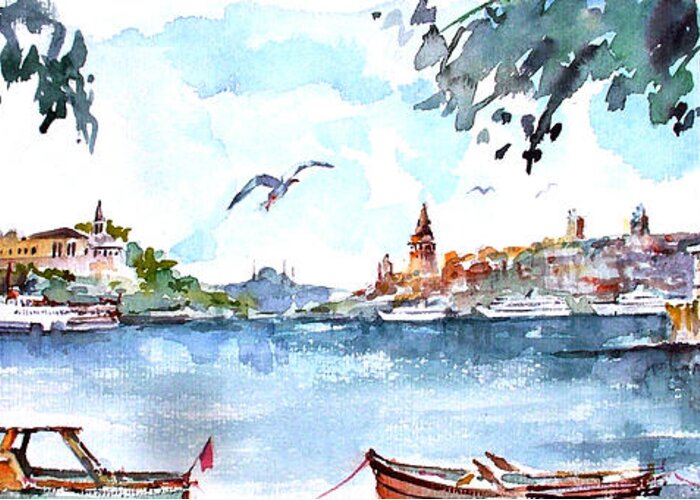 Historical Greeting Card featuring the painting A View of the Historical Peninsula from Uskudar - Istanbul by Faruk Koksal