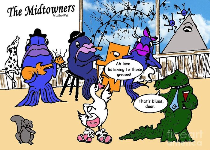 Midtowners Greeting Card featuring the mixed media A Visit to the Blues Bar by Lizi Beard-Ward