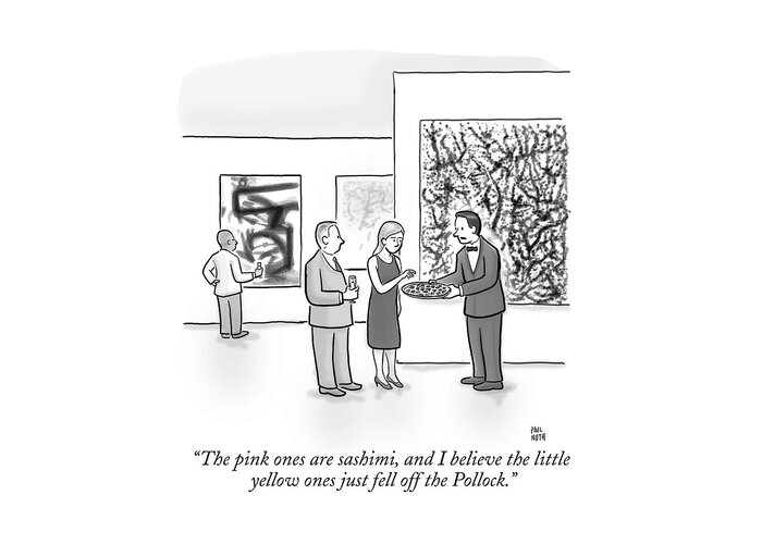 Art Galleries Greeting Card featuring the drawing A Waiter Is Seen Speaking With A Woman In An Art by Paul Noth