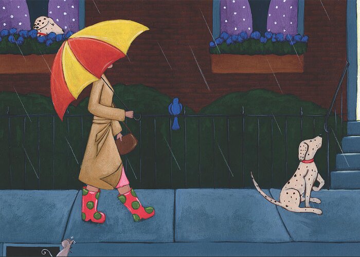Rain Greeting Card featuring the painting A Walk on a Rainy Day by Christy Beckwith
