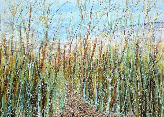Mixed Media Landscape Greeting Card featuring the painting A walk to the Dunes by Regina Valluzzi