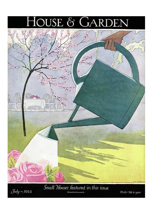 House And Garden Greeting Card featuring the photograph A Watering Can Above Pink Roses by Andre E Marty