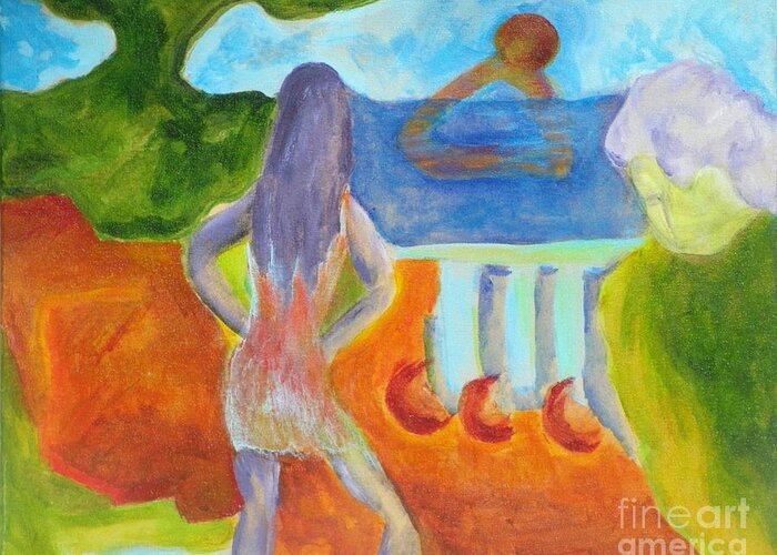 Abstract Landscape With Figures Greeting Card featuring the painting A Way to Sea- Caprian Beauty Series 1 by Elizabeth Fontaine-Barr