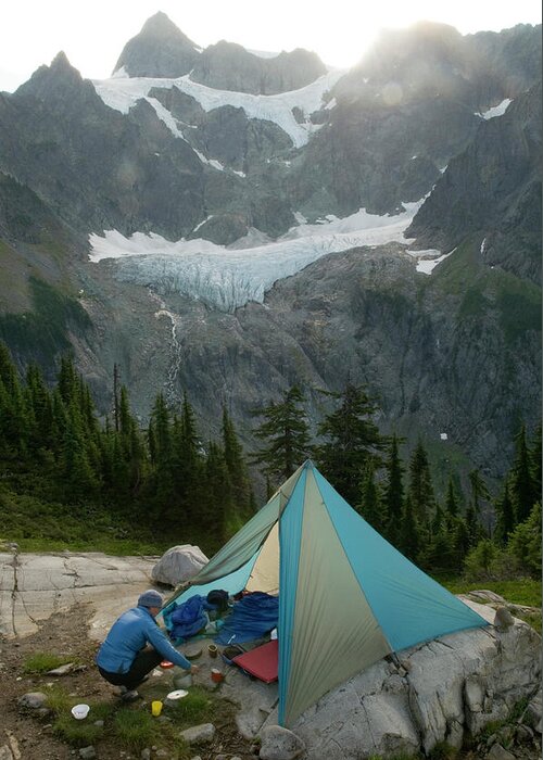 Adult Greeting Card featuring the photograph A Woman Camping At Lake Ann, Mount by Kennan Harvey