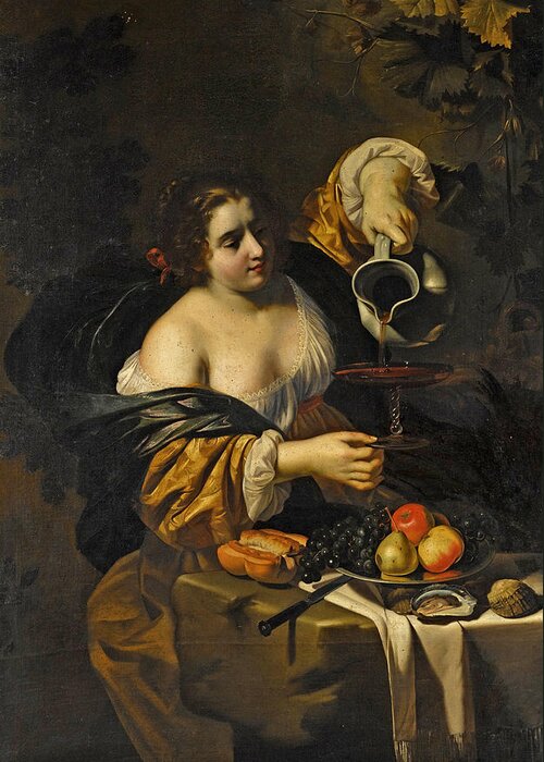 Nicolas Regnier Greeting Card featuring the painting A young woman pouring red wine from a pitcher into a glass by Nicolas Regnier