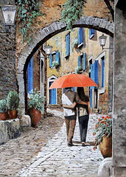 Street Scene Greeting Card featuring the painting Teneramente Abbracciati Sotto L'ombrello by Guido Borelli