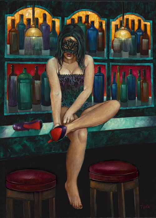 Mask Greeting Card featuring the painting About the Shoes by Geraldine Arata