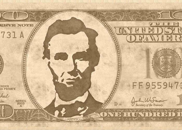 Vintage Dollar Bill Greeting Card featuring the painting Abraham Lincoln 2 digital art by Georgeta Blanaru