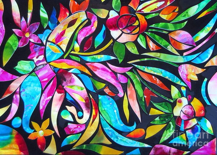 Abstract Greeting Card featuring the painting Abstract Paisley and flowers by Roberto Gagliardi