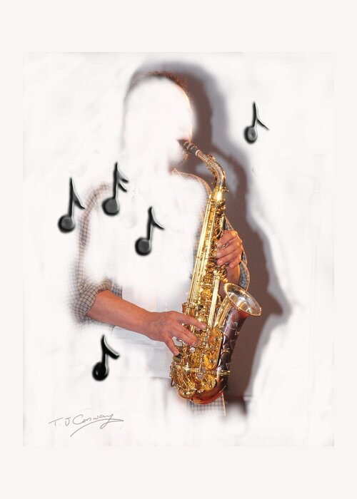 Saxophone Greeting Card featuring the photograph Abstract saxophone player by Tom Conway