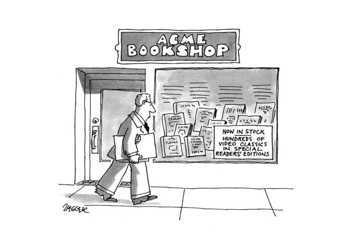 (a Man Passing A Bookshop With A Sign That Says Greeting Card featuring the drawing Acme Bookshop by Jack Ziegler