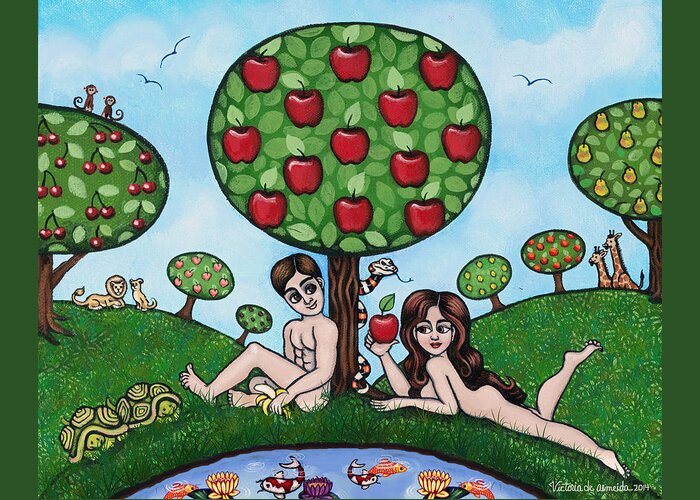 Adam And Eve Greeting Card featuring the painting Adam and Eve The Naked Truth by Victoria De Almeida