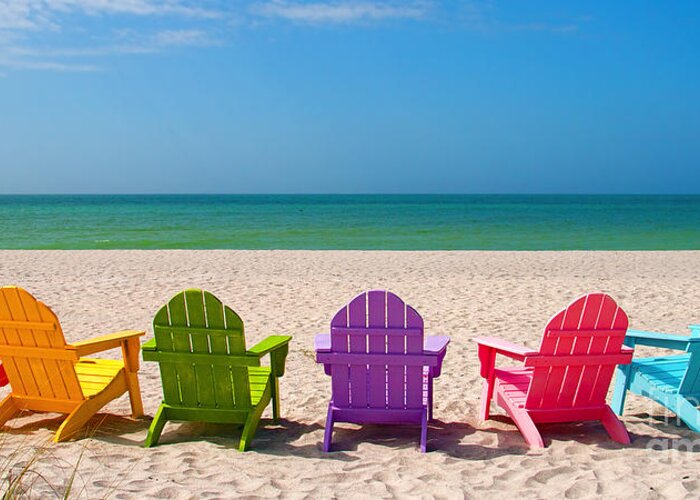 Beach Chairs Greeting Card featuring the photograph Adirondack Beach Chairs for a Summer Vacation in the Shell Sand by ELITE IMAGE photography By Chad McDermott