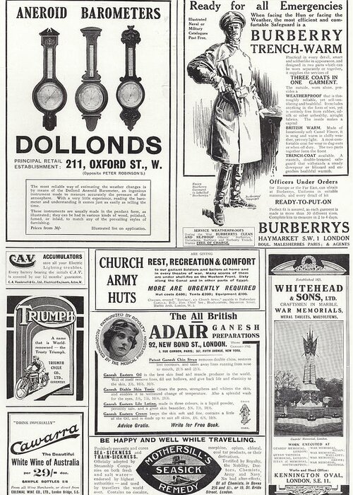 Dollonds; Barometers; Burberry; Coats; Triumph; Motorcycles; Cawarra Australian; Wine; Church Army Huts; Whitehead; Sons; War; Memorials; Adair Ganesh; Preparations; Mothersill's Seasick Remedy; Advertising; Advertisements; Century; Advertising; Spread; The Sphere Greeting Card featuring the painting Advertising spread from The Sphere by English School