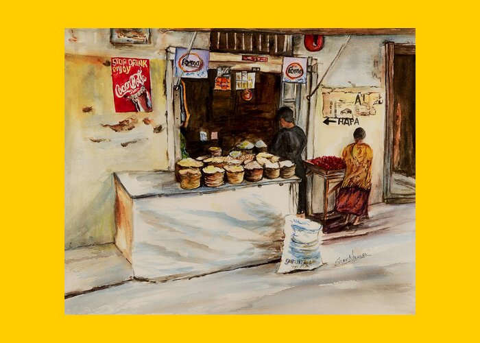 Duka Greeting Card featuring the painting African corner store by Sher Nasser
