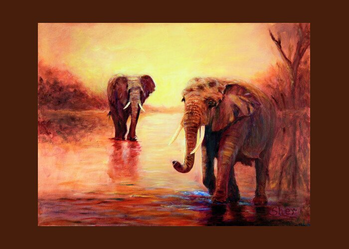 African Elephants Greeting Card featuring the painting African Elephants at Sunset in the Serengeti by Sher Nasser