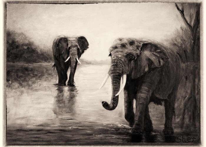 African Elephants Greeting Card featuring the painting African Elephants at Sunset by Sher Nasser