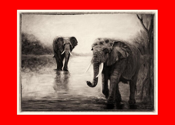 African Elephants Greeting Card featuring the painting African Elephants at Sunset by Sher Nasser