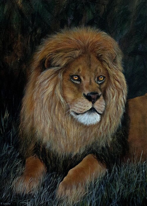 Lion Greeting Card featuring the painting End of The Day by Nancy Lauby