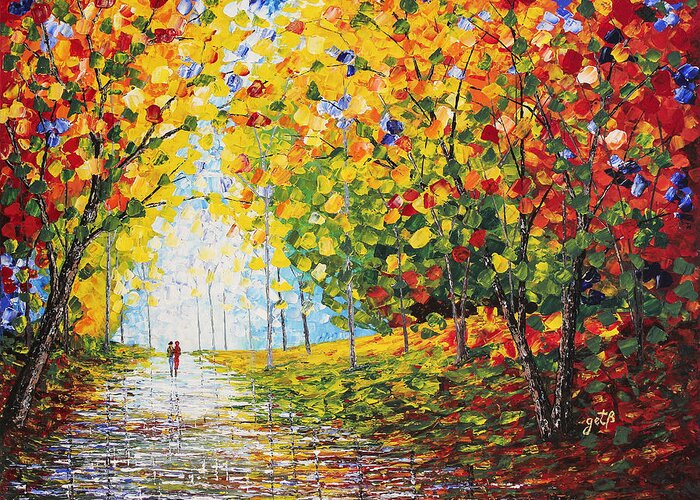 Autumn Colors Greeting Card featuring the painting After Rain Autumn Reflections acrylic palette knife painting by Georgeta Blanaru