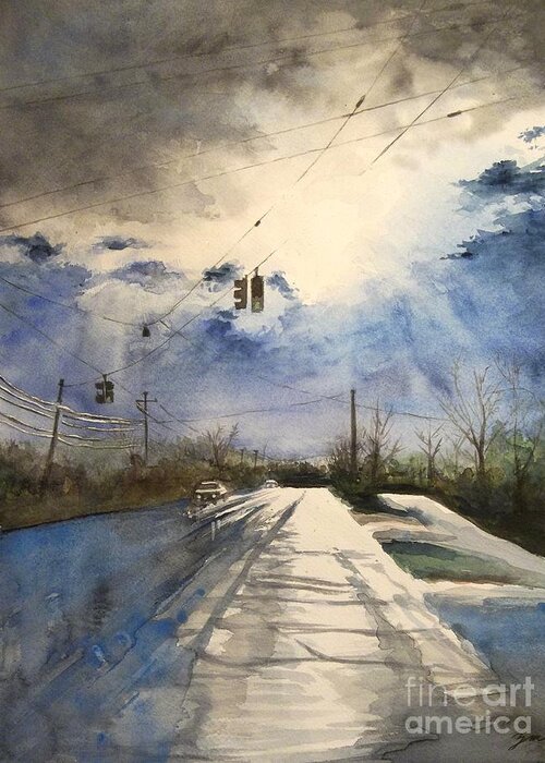 Road Greeting Card featuring the painting After Rain -on the Michigan Ave. Saline Michigan by Yoshiko Mishina