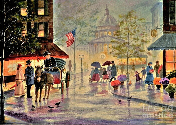 City Scene Greeting Card featuring the painting After The Rain by Marilyn Smith