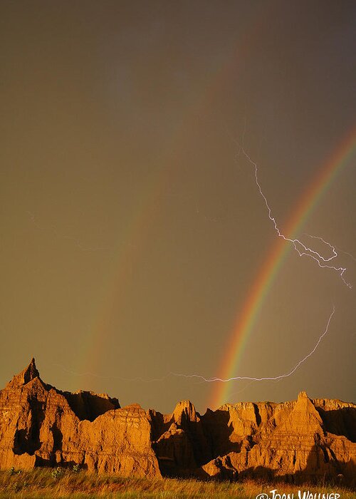 Badlands National Park Greeting Card featuring the photograph After the Storm - Lightning and Double Rainbow by Joan Wallner