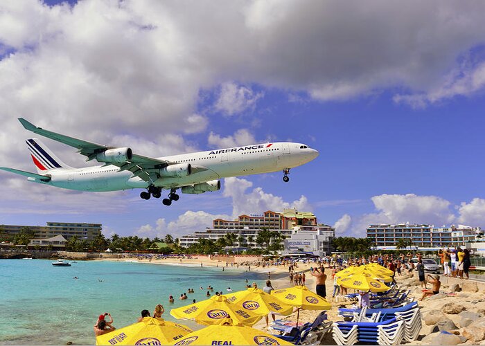 St Martin Greeting Card featuring the photograph Air France Landing at St Maarten by Matt Swinden