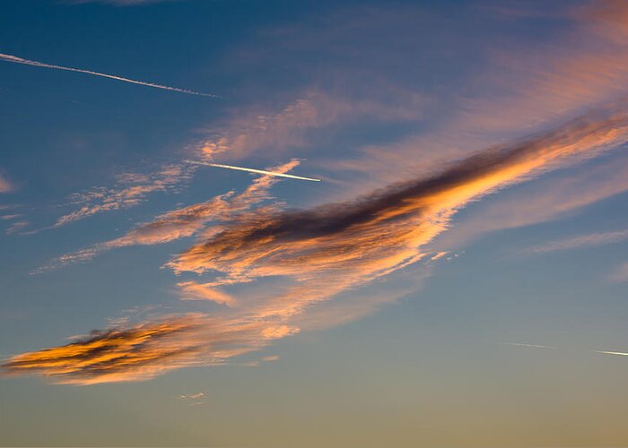 Airplane Greeting Card featuring the photograph Airplane And Sunset Clouds by Andreas Berthold