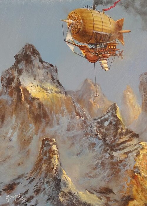 Airship Greeting Card featuring the painting Airship Over the Mountain by Tom Shropshire