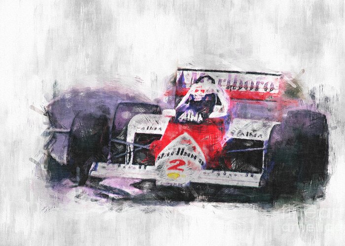 Alain Prost Greeting Card featuring the digital art Alain Prost in a McLaren 1985 by Roger Lighterness