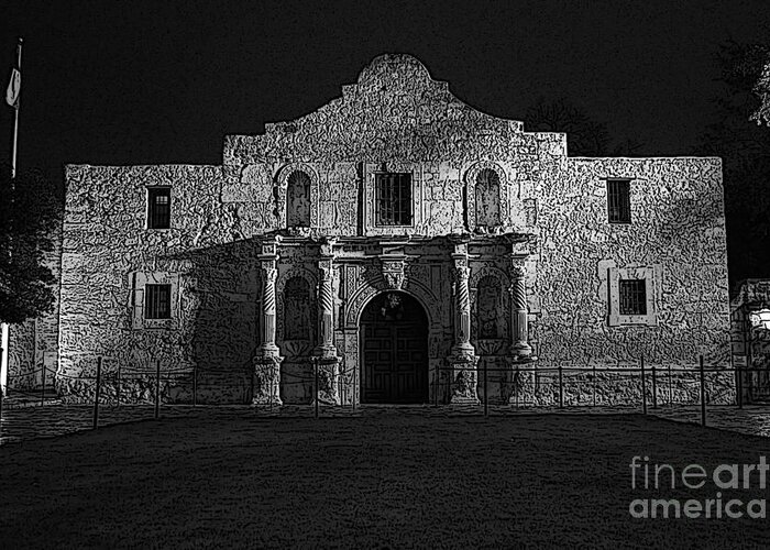 Alamo Greeting Card featuring the digital art Alamo Mission Entrance Front Profile at Night in San Antonio Texas BW Poster Edges Digital Art by Shawn O'Brien