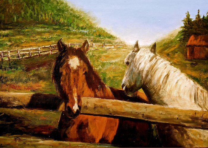 Canadian Sher Nasser Artist Painter Greeting Card featuring the painting Alberta Horse Farm by Sher Nasser