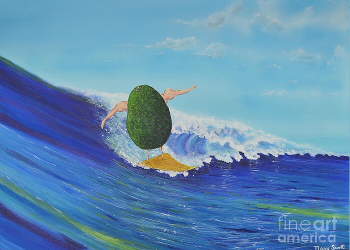 Water Greeting Card featuring the painting Alex the Surfing Avocado by Mary Scott