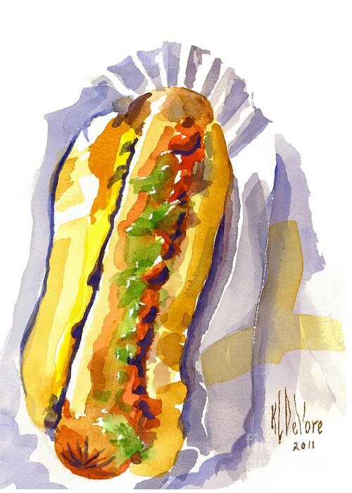 All Beef Ballpark Hot Dog With The Works To Go In Broad Daylight Greeting Card featuring the painting All Beef Ballpark Hot Dog with the Works to Go in Broad Daylight by Kip DeVore