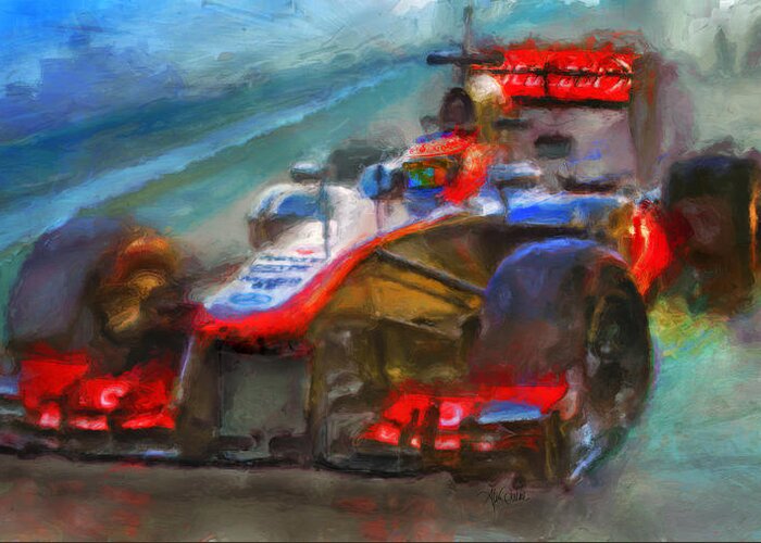 Jenson Button Greeting Card featuring the digital art All Buttoned up by Alan Greene