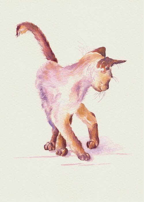 Cats Greeting Card featuring the painting Siamese Kitten - All Legs and Mischief by Debra Hall