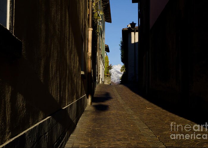 Street Greeting Card featuring the photograph Alley and mountain by Mats Silvan